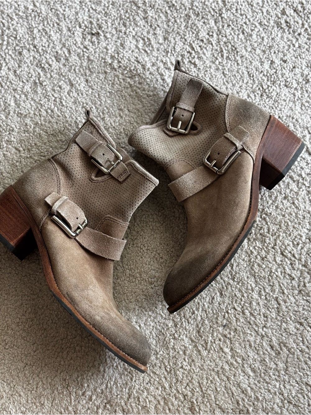 Donald J. Pliner Taupe Suede Buckle Ankle Boots